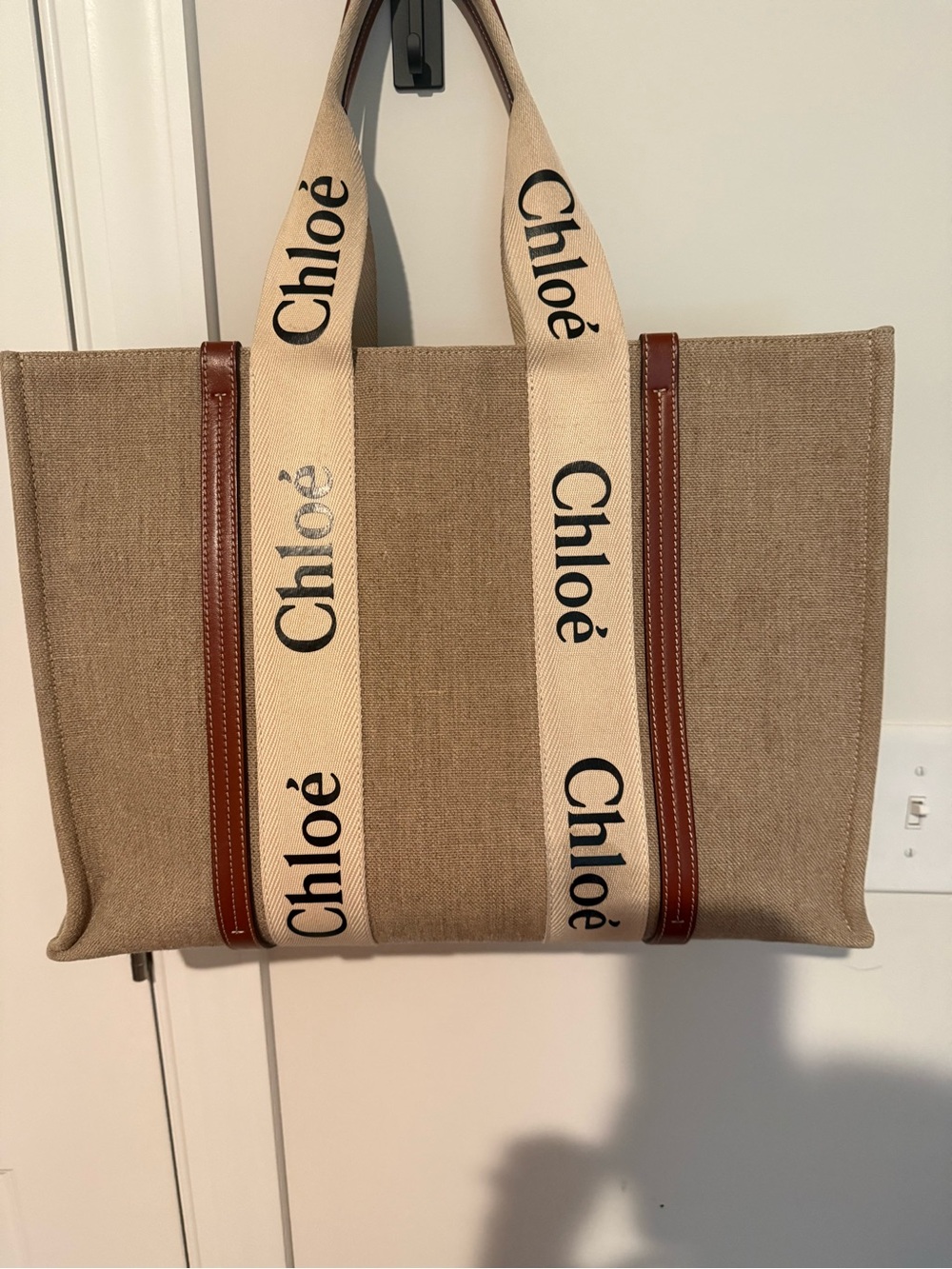Chloé Beige Canvas Tote with Brown Leather Trim and Logo Straps